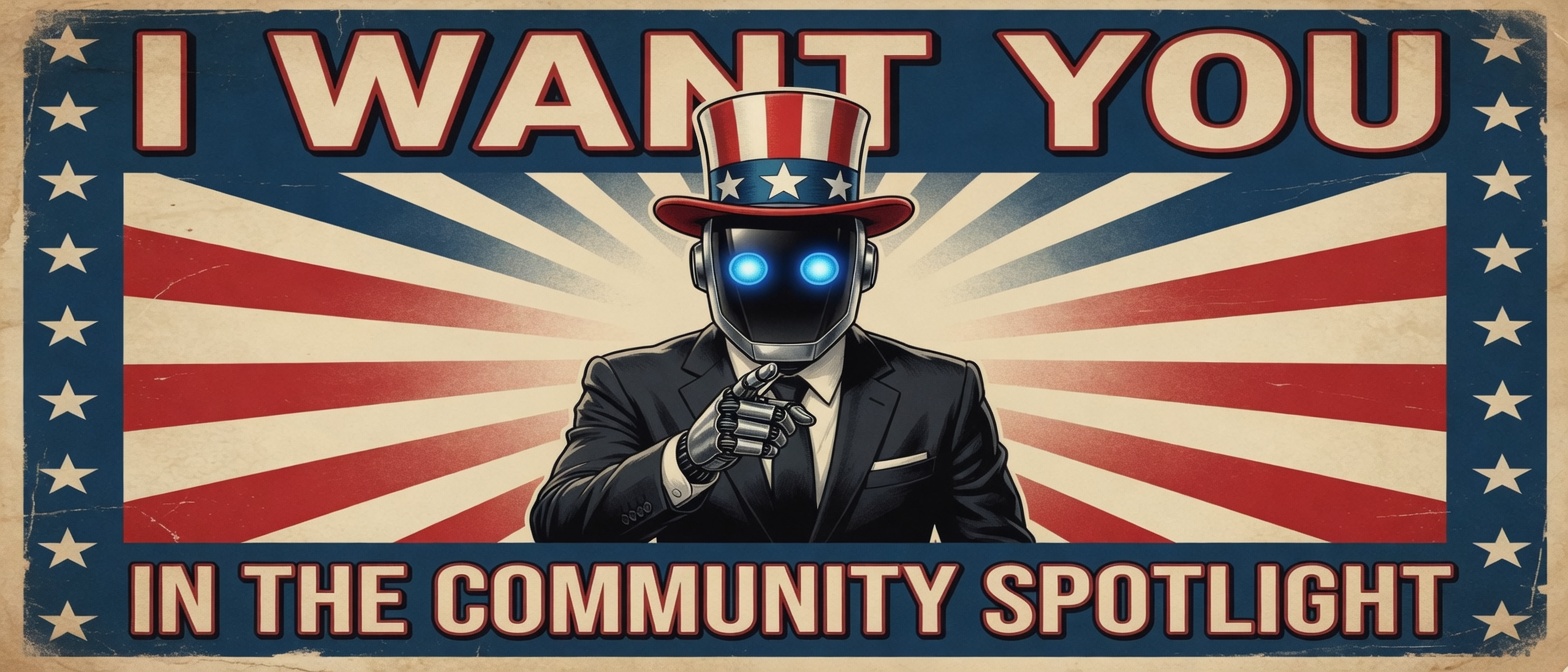 News-desk robot in an Uncle Sam banner pointing at the viewer with the slogan I want you in the community spotlight