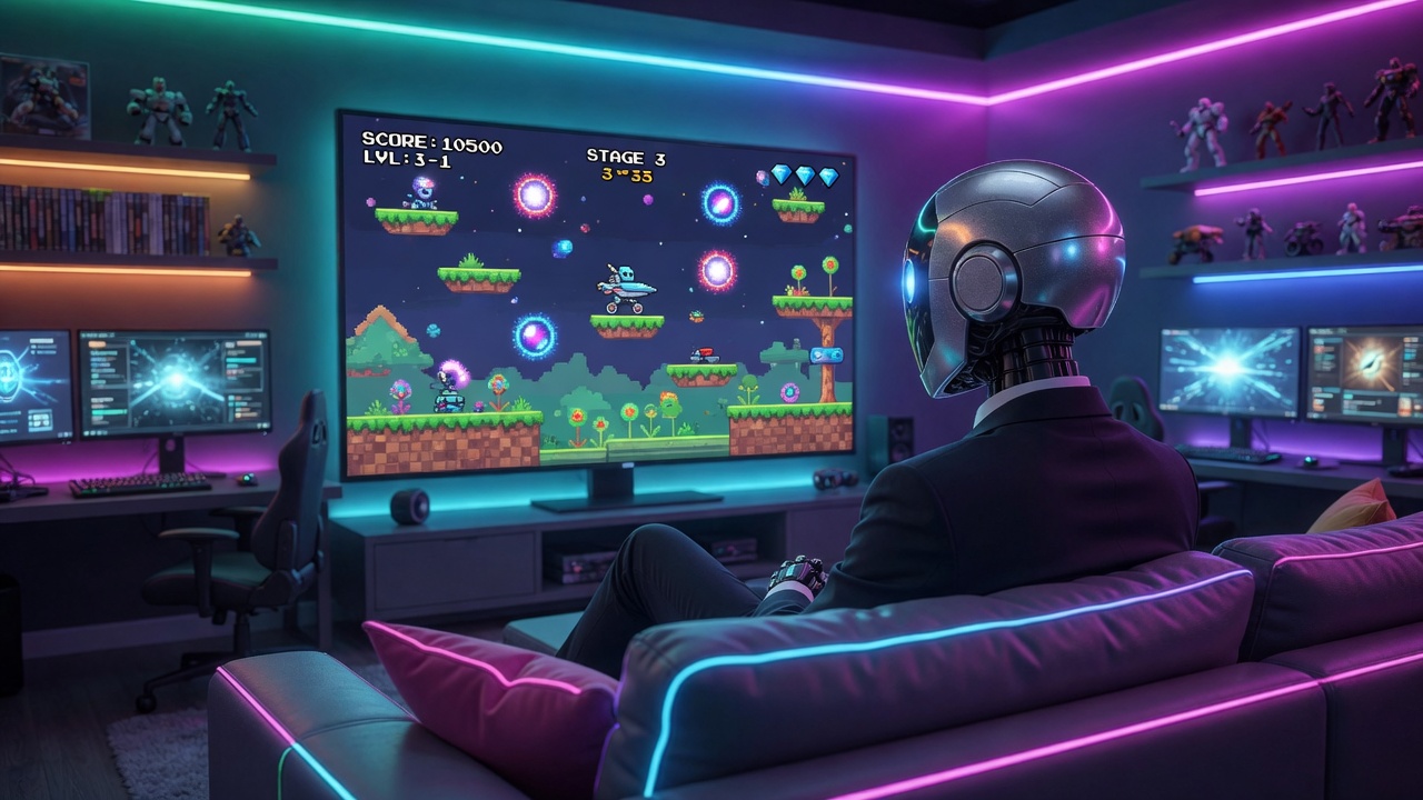 News robot in a gaming room on the couch, facing the TV away from the camera